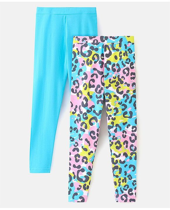 Pine Kids Ankle Length Biowashed Cotton Stretchable Leggings Leopard Print & Solid Pack Of 2 - Blue