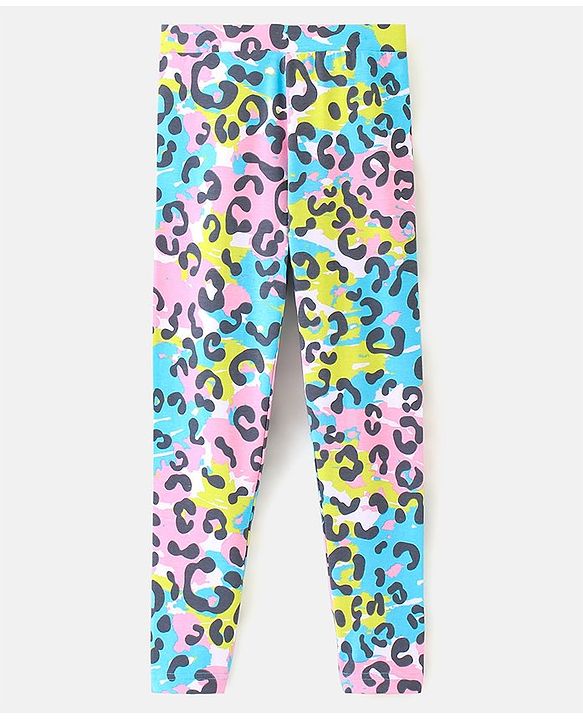 Pine Kids Ankle Length Biowashed Cotton Stretchable Leggings Leopard Print & Solid Pack Of 2 - Blue