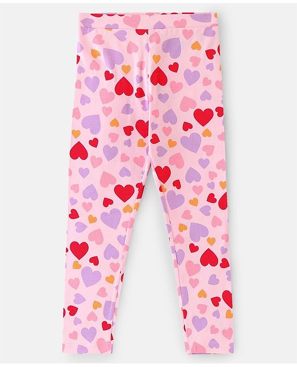 Pine Kids Full Length Stretchable and Biowash Cotton Leggings Heart Print with Solid Pack of 2 - Pink