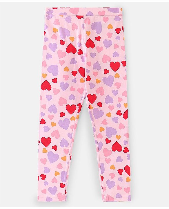 Pine Kids Full Length Stretchable and Biowash Cotton Leggings Heart Print with Solid Pack of 2 - Pink