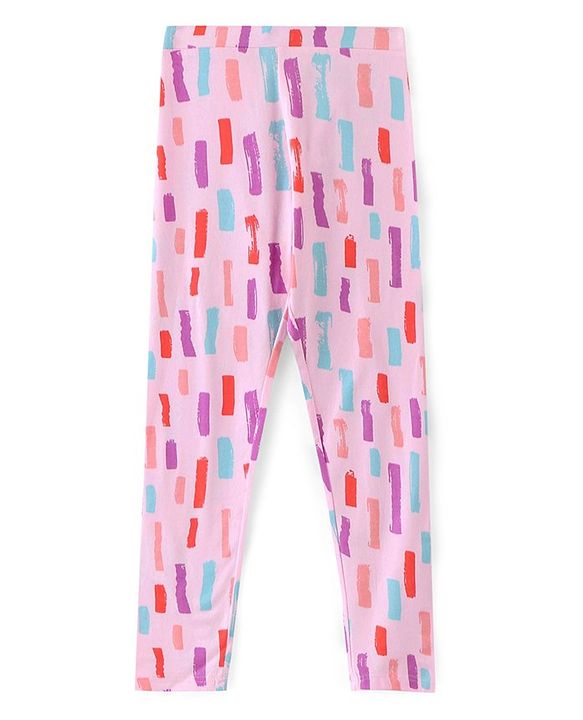 Pine Kids Full Length Stretchable and Biowash Cotton Printed & Solid Color Leggings Pack of 2 - Pink Blue