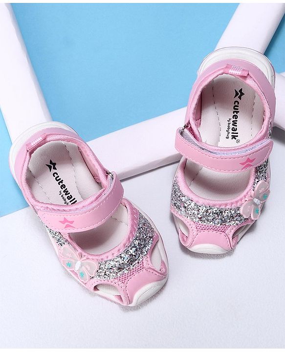Cute Walk by Babyhug Velcro Closure Embellished Sandals Butterfly Applique- Pink