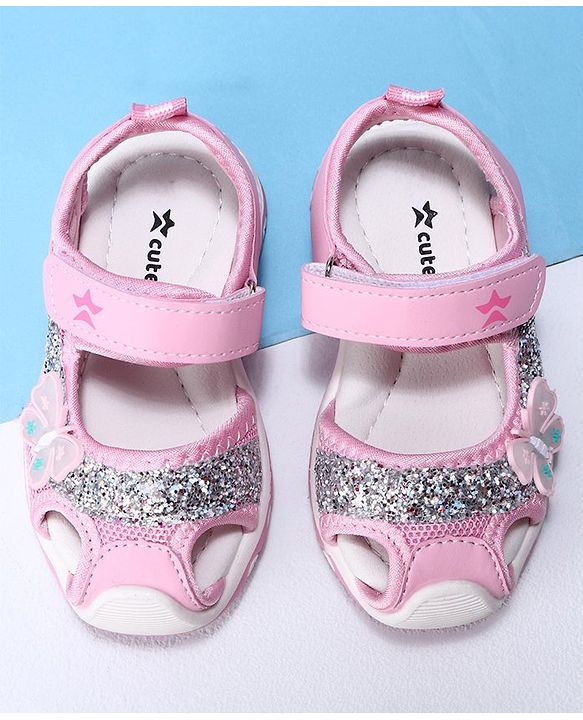 Cute Walk by Babyhug Velcro Closure Embellished Sandals Butterfly Applique- Pink