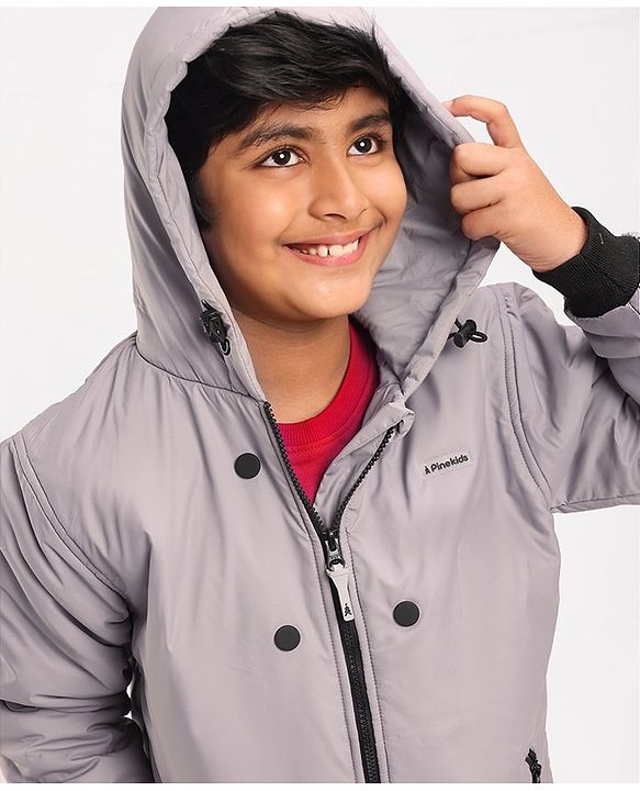Pine Kids Full Sleeves Light Winter Wear Hooded Jacket - Grey