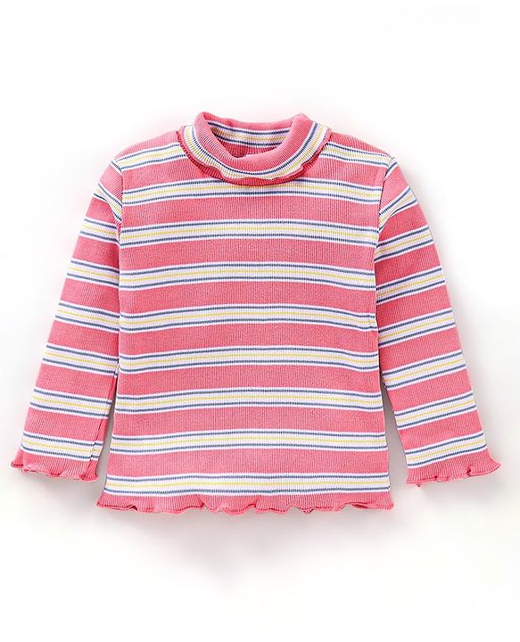 Babyhug Cotton Lycra Rib Knit Full Sleeves Striped Skivi Tee - Pink
