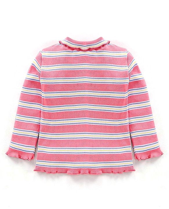Babyhug Cotton Lycra Rib Knit Full Sleeves Striped Skivi Tee - Pink