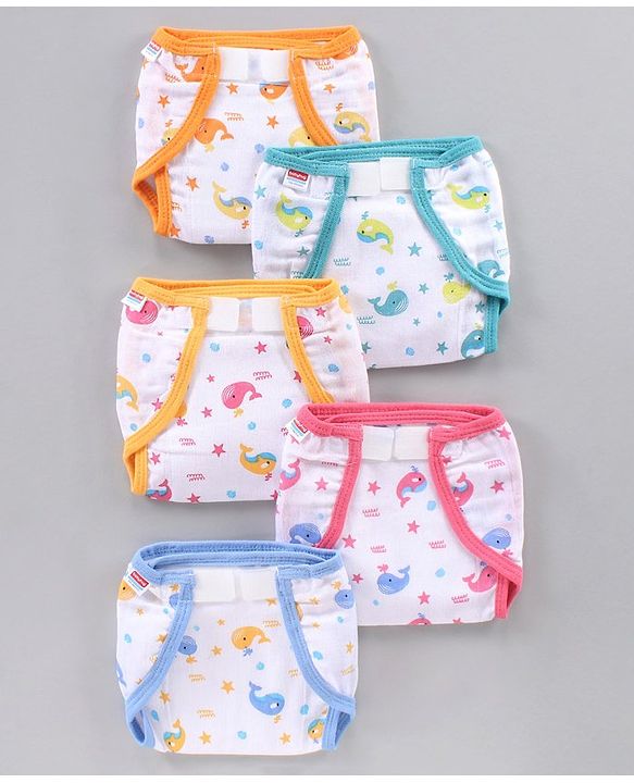 Babyhug Muslin Cotton Reusable Velcro Printed Cloth Nappies Small Set of 5 - Multicolor