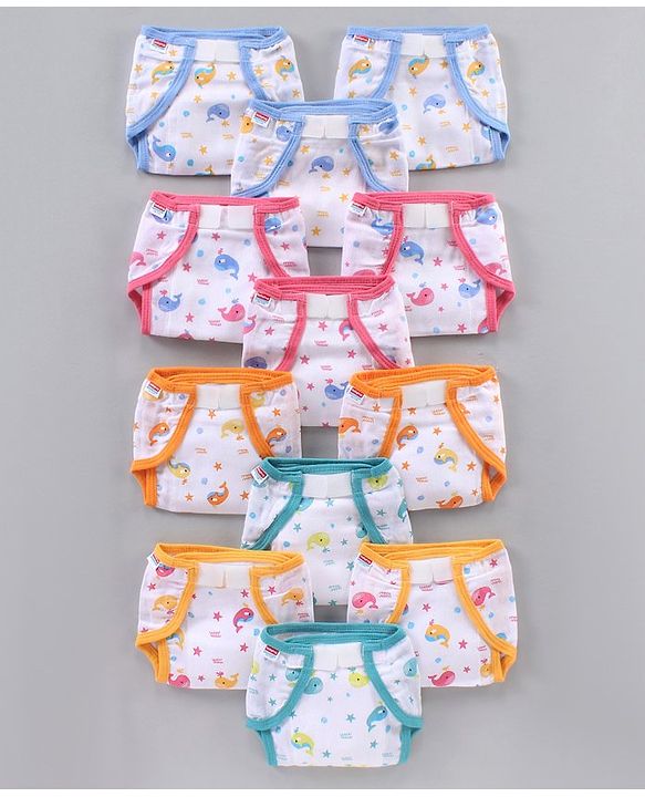 Babyhug Muslin Cotton Reusable Velcro Printed Cloth Nappies Small Set of 12 - Multicolor