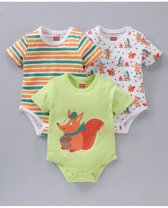 Babyhug 100% Cotton Half Sleeves Onesies Striped And Squirrel Print Pack of 3 - Multicolour