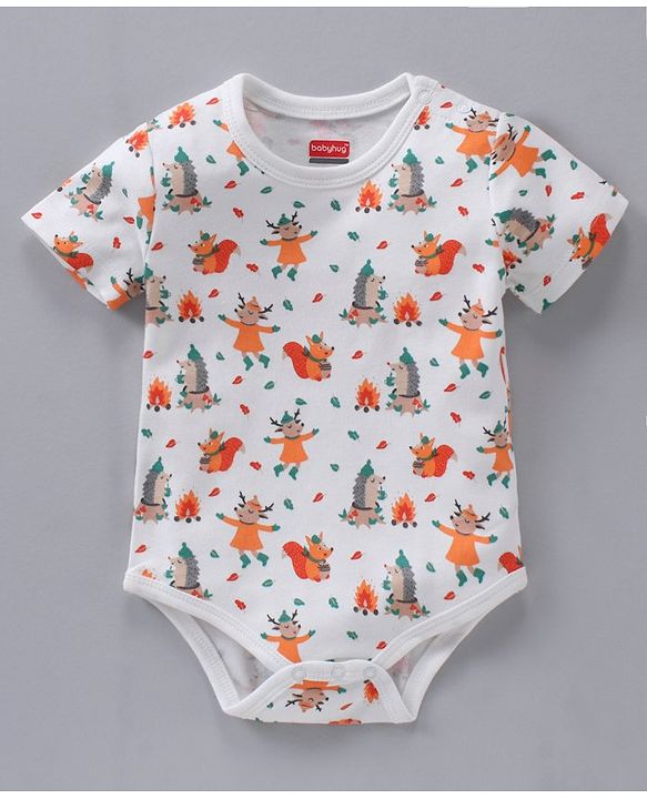 Babyhug 100% Cotton Half Sleeves Onesies Striped And Squirrel Print Pack of 3 - Multicolour
