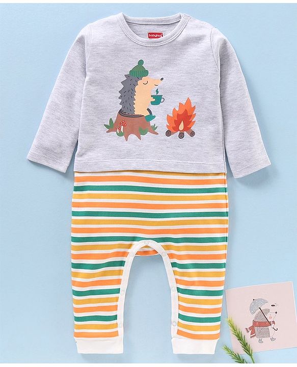 Babyhug Cotton Knit Full Sleeves Printed Romper - Grey