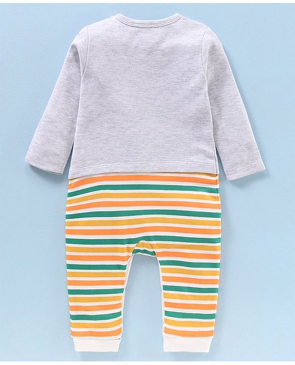 Babyhug Cotton Knit Full Sleeves Printed Romper - Grey