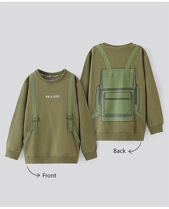 Pine Kids Biowashed Full Sleeves Sweat Shirt Backpack Print - Green