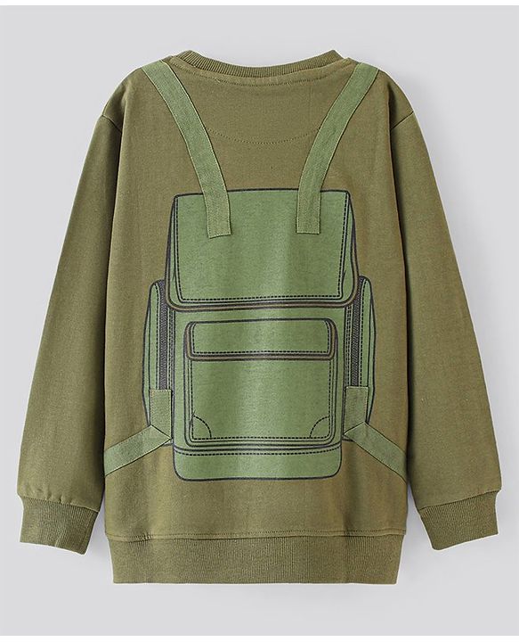 Pine Kids Biowashed Full Sleeves Sweat Shirt Backpack Print - Green