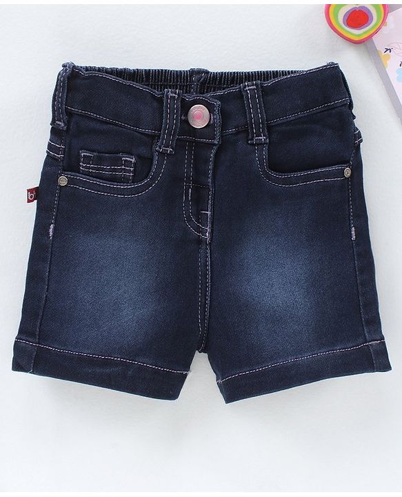 Babyhug Mid Thigh Denim Washed Shorts With Stretch - Dark Blue