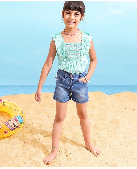 Babyhug Mid Thigh Denim Washed Shorts With Stretch - Medium Blue