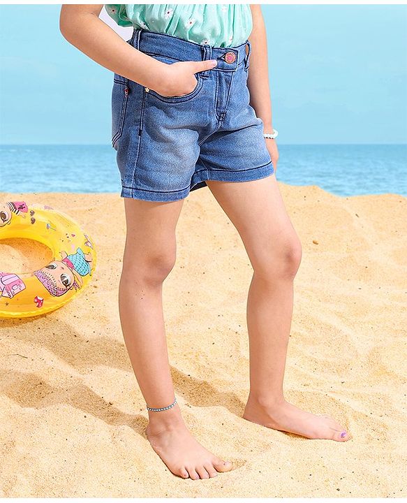 Babyhug Mid Thigh Denim Washed Shorts With Stretch - Medium Blue