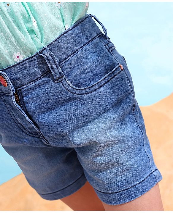 Babyhug Mid Thigh Denim Washed Shorts With Stretch - Medium Blue