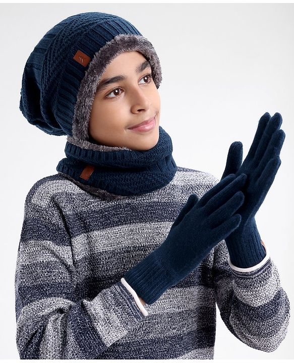 Pine Kids Woollen Cap Headband & Gloves Set Navy Blue - Diameter 14.5 cm