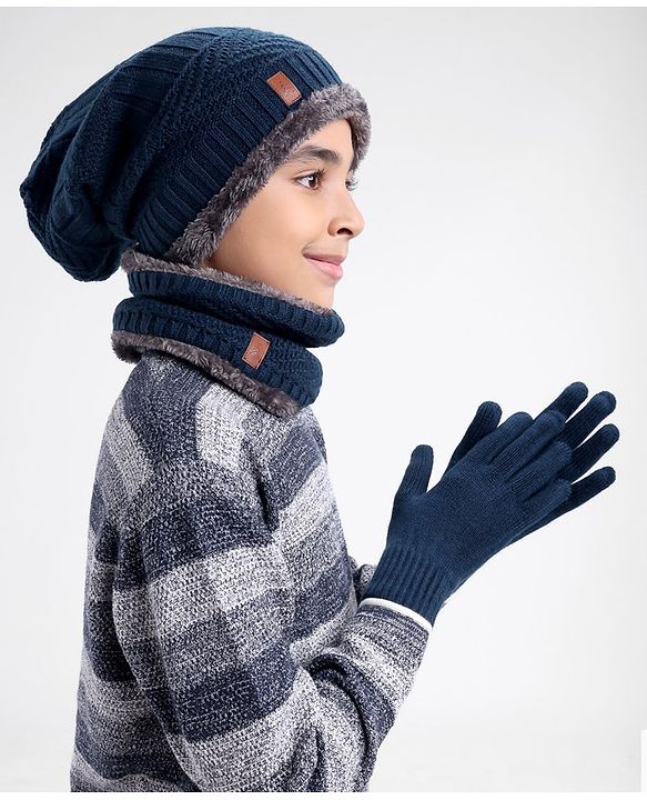 Pine Kids Woollen Cap Headband & Gloves Set Navy Blue - Diameter 14.5 cm