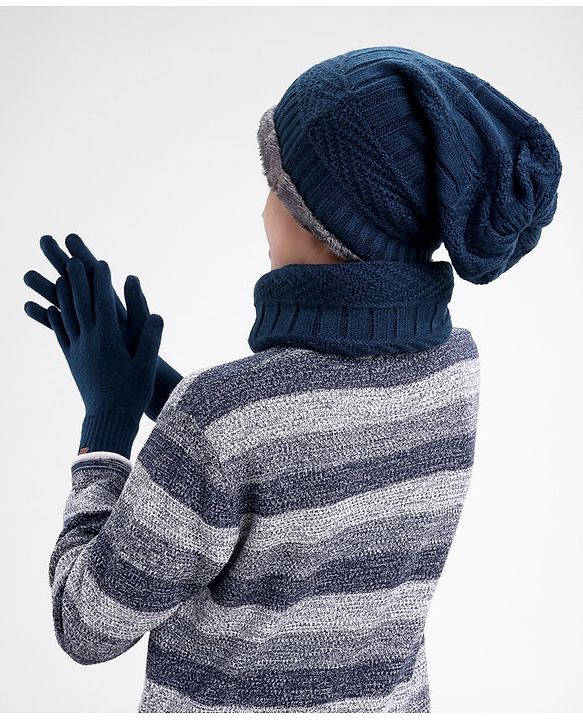 Pine Kids Woollen Cap Headband & Gloves Set Navy Blue - Diameter 14.5 cm