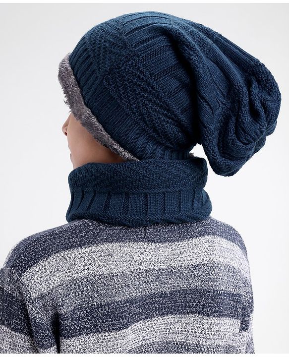 Pine Kids Woollen Cap Headband & Gloves Set Navy Blue - Diameter 14.5 cm