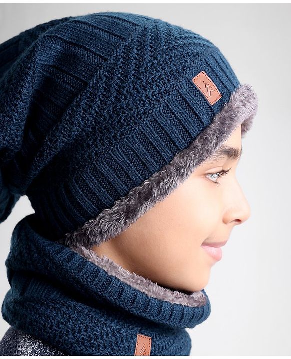 Pine Kids Woollen Cap Headband & Gloves Set Navy Blue - Diameter 14.5 cm