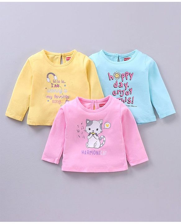 Babyhug Full Sleeves Tees Kitty & Text Print Pack of 3 - Multicolor