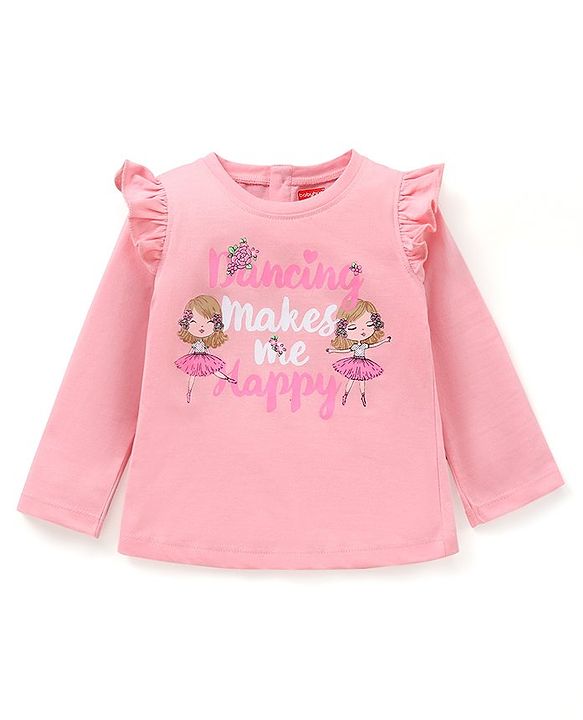 Babyhug Cotton Knit Full Sleeves T-Shirt with Frill Detailing Text Print - Pink