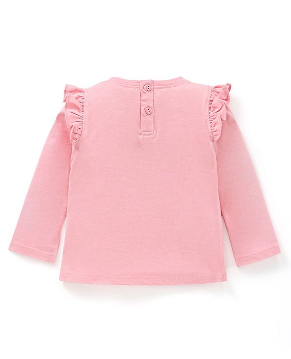 Babyhug Cotton Knit Full Sleeves T-Shirt with Frill Detailing Text Print - Pink