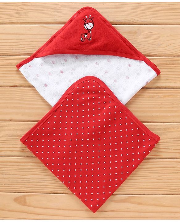 Babyhug Knit Terry Towels And Cartoon Print Pack Of 2 - Red