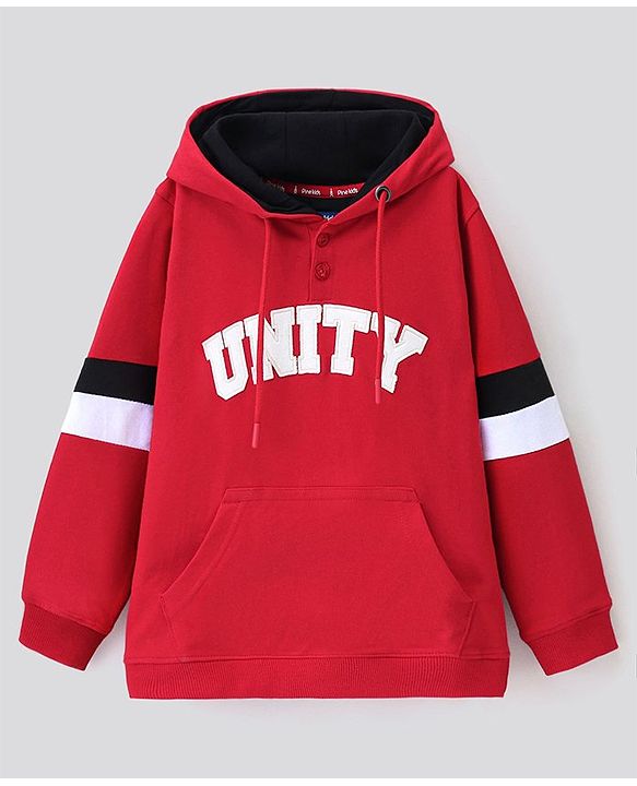 Pine Kids Full Sleeves Biowashed Hooded Sweatshirt Text Print- Red