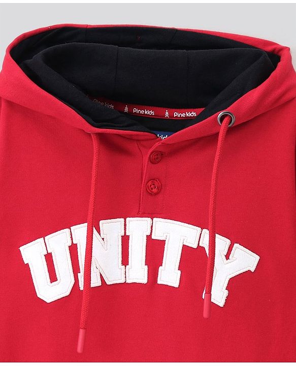 Pine Kids Full Sleeves Biowashed Hooded Sweatshirt Text Print- Red