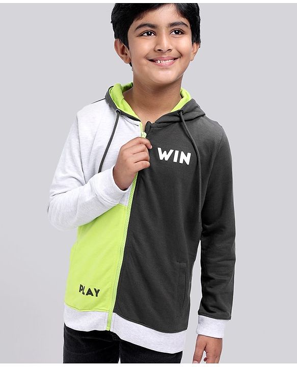 Pine Kids Full Sleeves Color Block Bio Washed Hooded Sweatshirt - Grey Black