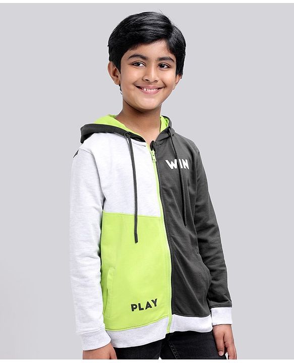 Pine Kids Full Sleeves Color Block Bio Washed Hooded Sweatshirt - Grey Black