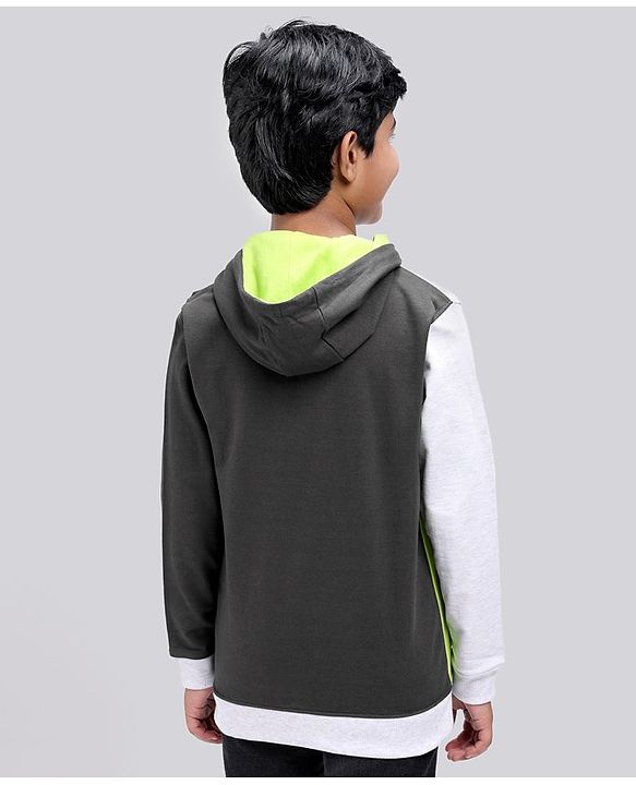 Pine Kids Full Sleeves Color Block Bio Washed Hooded Sweatshirt - Grey Black
