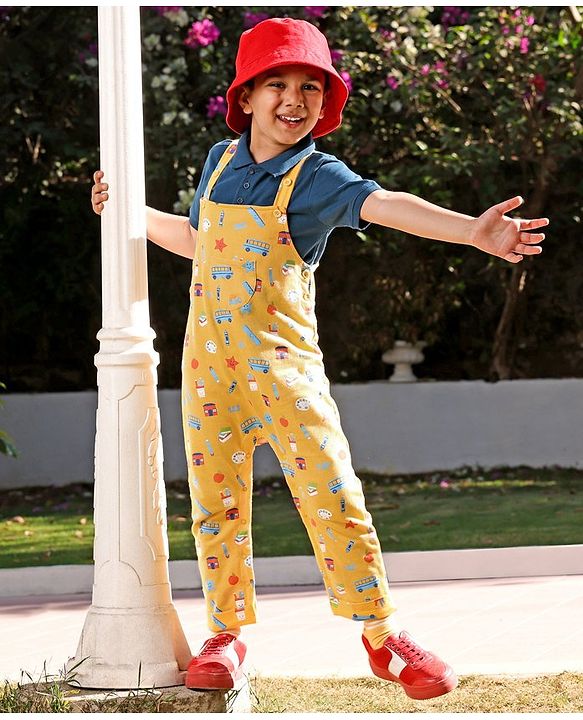 Babyhug 100% Cotton Dungaree With Half Sleeves T-Shirt Set Star Print - Blue Yellow