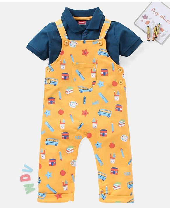 Babyhug 100% Cotton Dungaree With Half Sleeves T-Shirt Set Star Print - Blue Yellow
