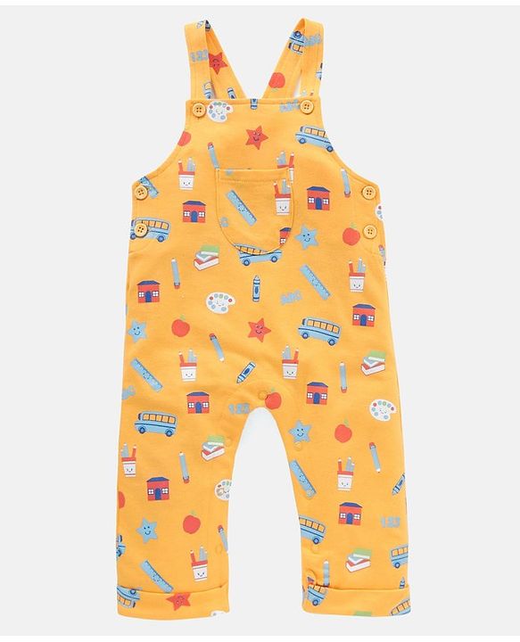 Babyhug 100% Cotton Dungaree With Half Sleeves T-Shirt Set Star Print - Blue Yellow