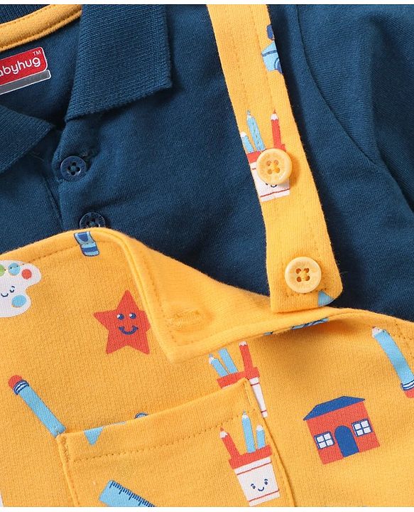 Babyhug 100% Cotton Dungaree With Half Sleeves T-Shirt Set Star Print - Blue Yellow