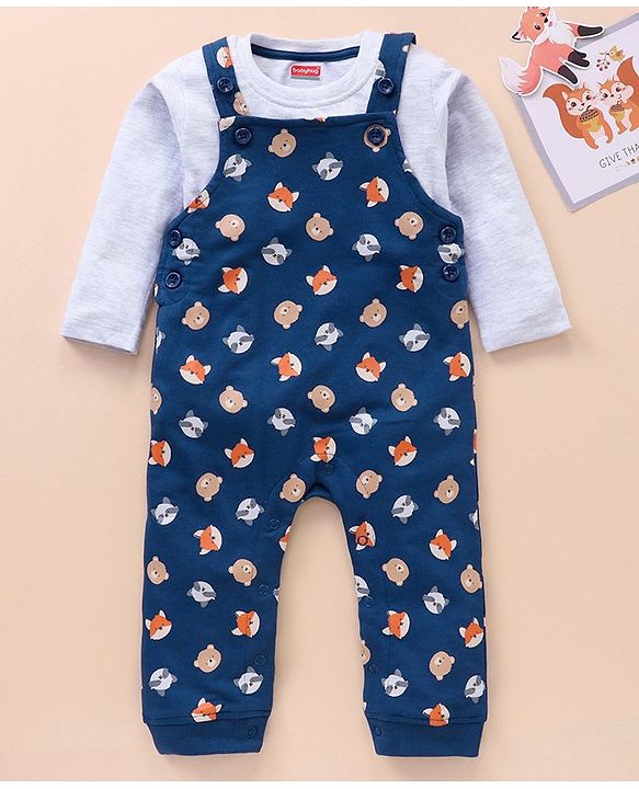 Babyhug Cotton Knit Full Sleeves Solid Tee & Fox Printed Dungaree - Grey Blue