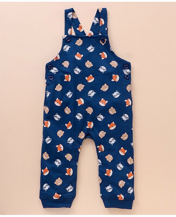 Babyhug Cotton Knit Full Sleeves Solid Tee & Fox Printed Dungaree - Grey Blue