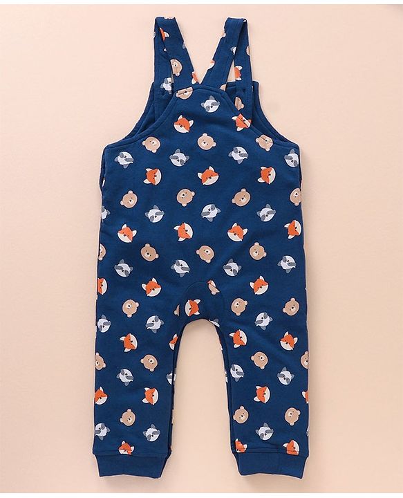 Babyhug Cotton Knit Full Sleeves Solid Tee & Fox Printed Dungaree - Grey Blue