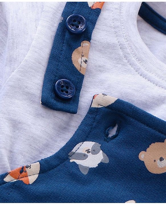 Babyhug Cotton Knit Full Sleeves Solid Tee & Fox Printed Dungaree - Grey Blue