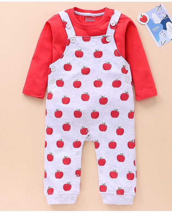 Babyhug Cotton Knit Full Sleeves Solid Tee & Apple Printed Dungaree - Red & Grey