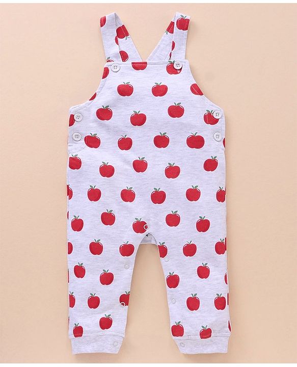 Babyhug Cotton Knit Full Sleeves Solid Tee & Apple Printed Dungaree - Red & Grey
