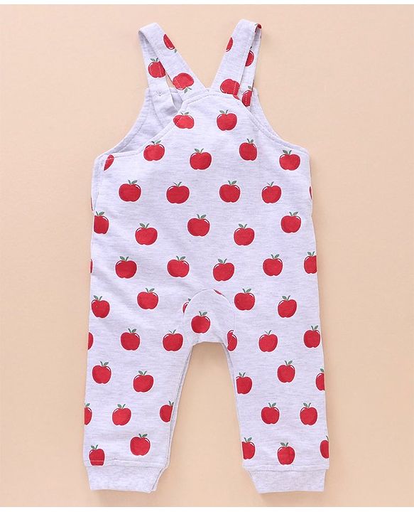 Babyhug Cotton Knit Full Sleeves Solid Tee & Apple Printed Dungaree - Red & Grey