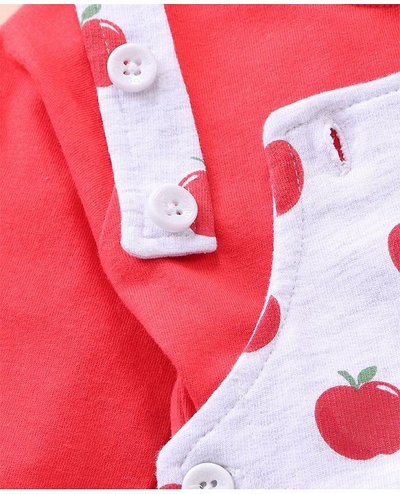 Babyhug Cotton Knit Full Sleeves Solid Tee & Apple Printed Dungaree - Red & Grey