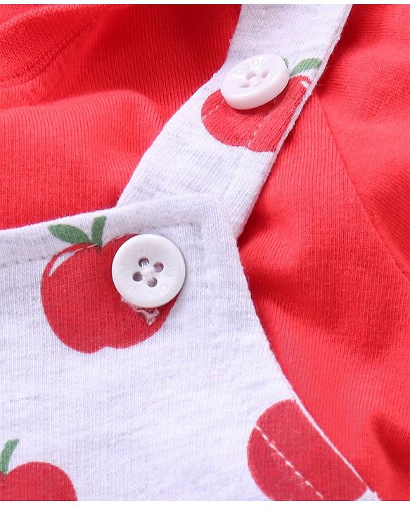 Babyhug Cotton Knit Full Sleeves Solid Tee & Apple Printed Dungaree - Red & Grey