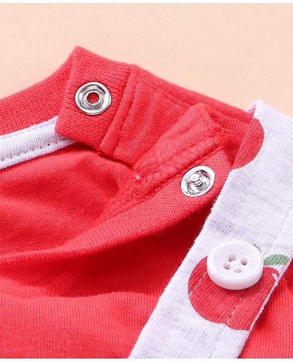 Babyhug Cotton Knit Full Sleeves Solid Tee & Apple Printed Dungaree - Red & Grey